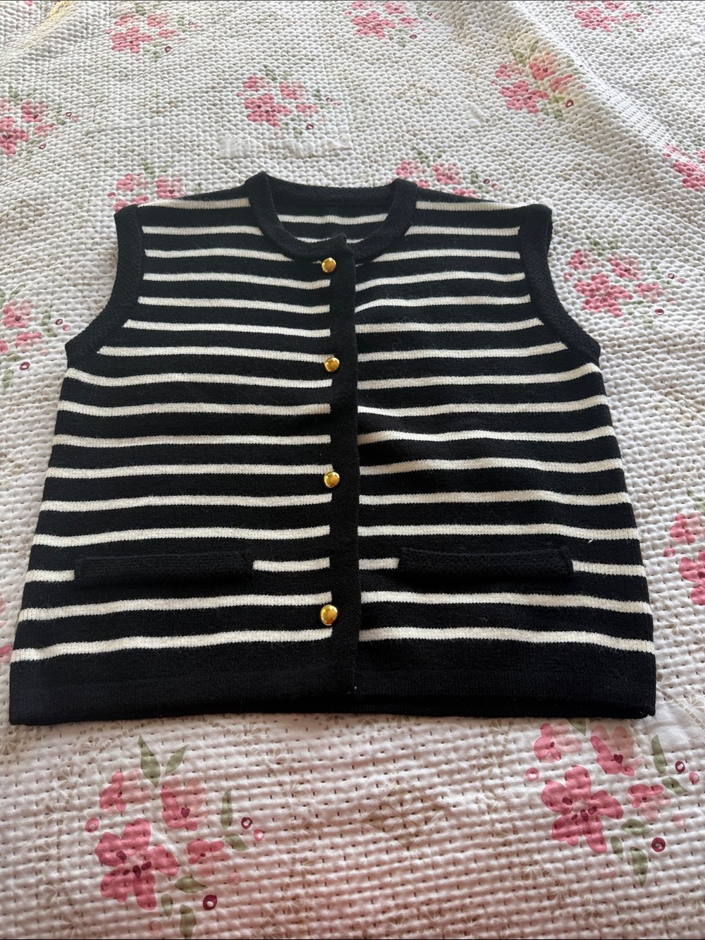 Striped Black & White Knit Sleeveless Cardigan Vest
